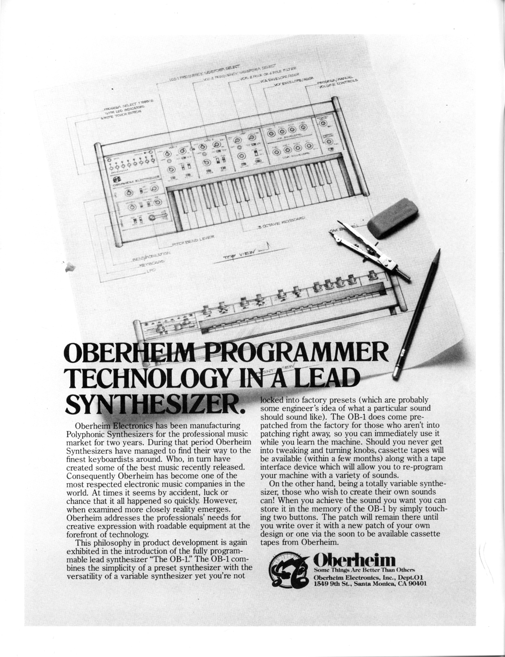 Oberheim OB-1 ad in Nov/Dec 1977 issue of Synapse: International Electronic Music