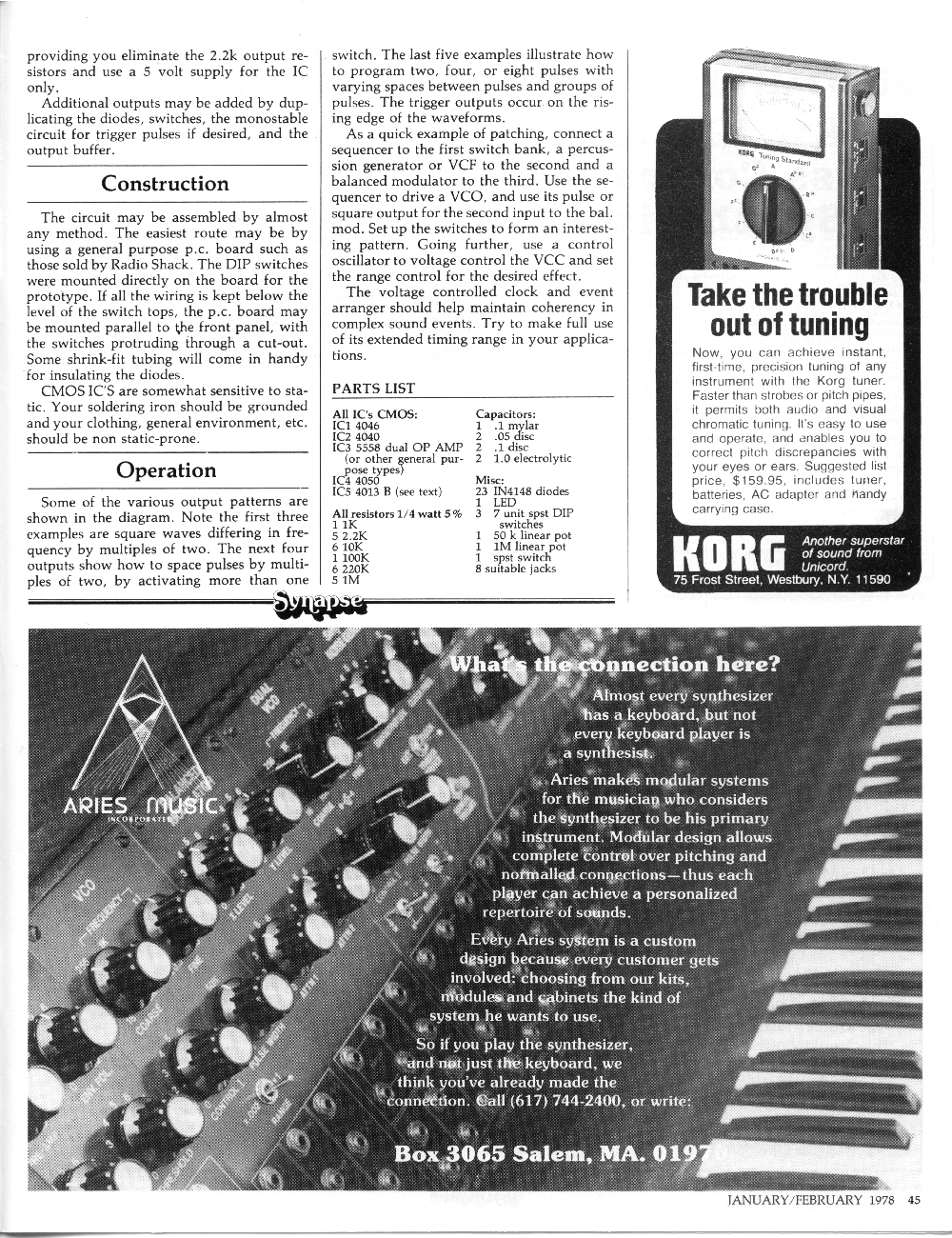Synapse Magazine ads for Airies Music and Korg Tuners