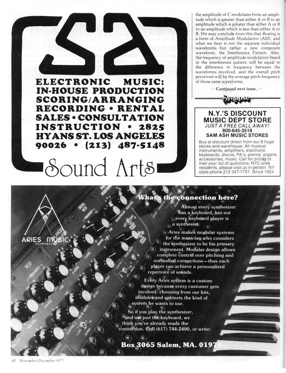 Ads for Aries Music, Sound Arts and Sam Ash.
