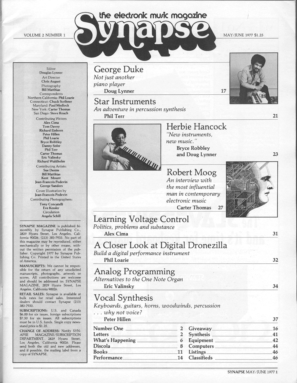 Table of Contents Synapse May/June 1977 issue. Interviews with Robert Moog, Herbie Hancock, George Duke, Star Instruments. Synthesizers, electronic music, DIY.