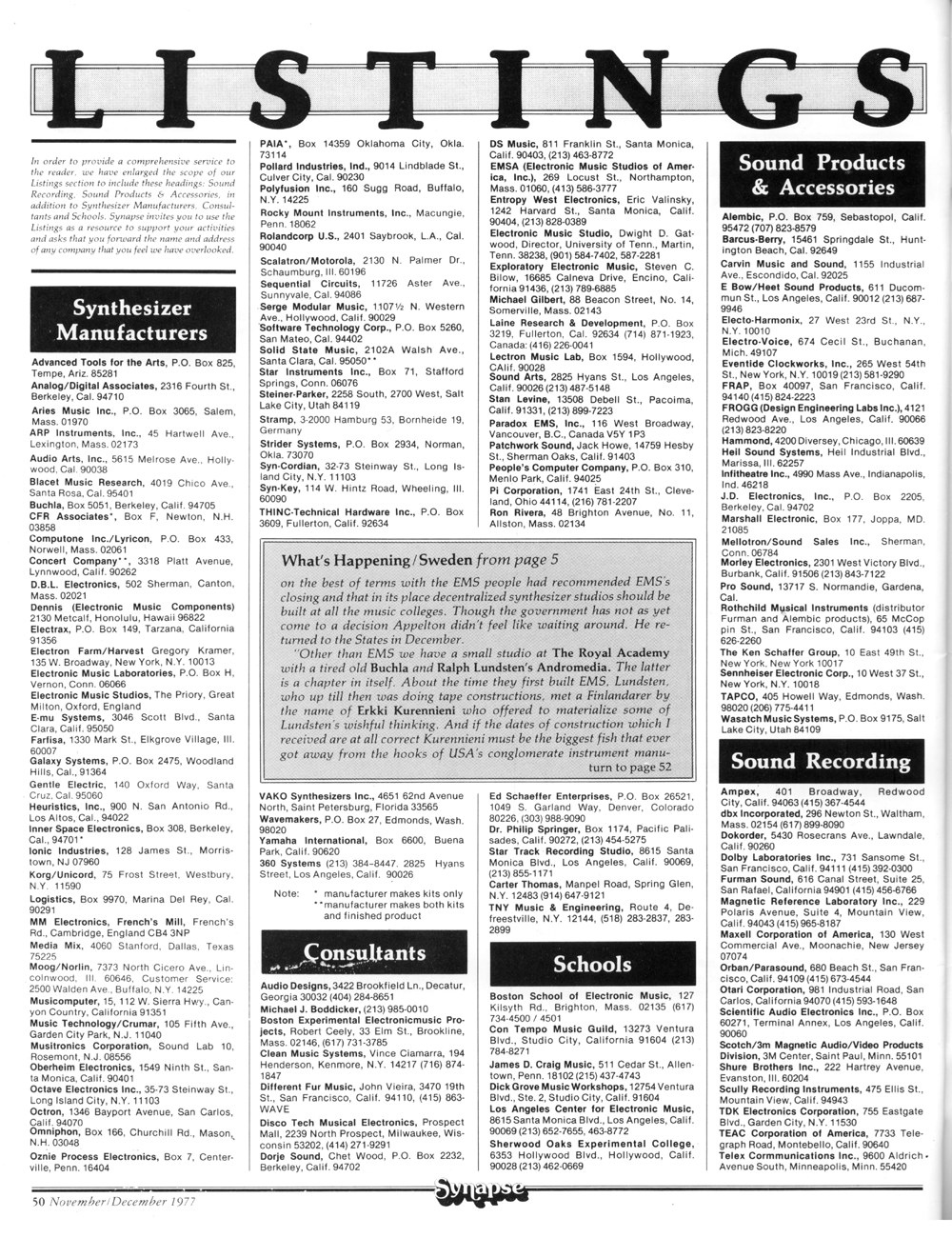 Vintage synthesizer listings from Synapse: International Electronic Musc.