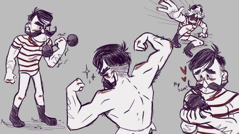 Four colored sketches of Wolfgang, including him flexing his muscles and cowering in fear.