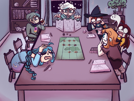 1-point perspective art of the D&D squad sitting at a table together in Chilly's room, all freaking out in their own unique ways at some kind of twist from his DMing.