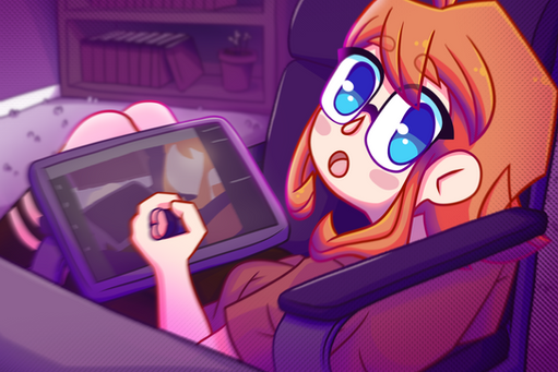 Art of Mal laying sideways in a chair in the Halmal streaming room (the same one from our Just Chatting scene) while drawing with their tablet in their lap as they look up towards the camera.