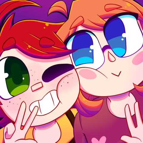 A profile picture of Hal and Mal with their faces pressed together while they both smile and make peace signs.