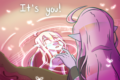 Art in the anime-style of Beau, a changeling bard with long white hair that reflects rainbows when light hits it staring at his reflection in a lake at sunset, touching the surface with his finger, causing a ripple through the water as fireflies surround him and reflect in the water and a line of sheet music can be faintly seen behind his reflection. At the top of the canvas, the text "It's you!" is written.