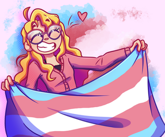 posssummm smiling widely while holding up a large banner of the trans flag out in front of her.