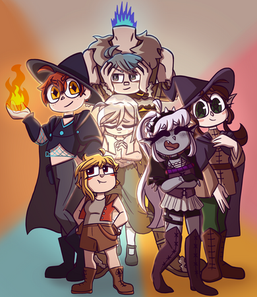 The Of Gears and Magic D&D party standing in a circle around a ghostly Hope, with Alton and Jayvious in the front, Novia and Calyvar on either side and Oliver in the back. The pinwheel of colors in the background corresponds with the colors of the pearls of each party member in that respective position.