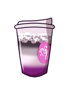 Clear cup of qaznotquaz.js branded iced tea, with the colors of the liquid resembling the asexual flag.