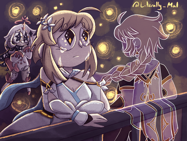 Lumine is staring up at the lantern-lit sky while crying while a ghostly Aether leans on the fence beside her with his back turned and face obscured. Paimon floats behind her and looks at Lumine with pity and concern.