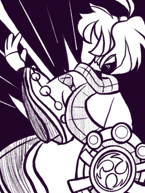 A sketch of Kazuha's friend with his back turned being struck by the Raiden Shogun's Muso no Hitotachi, in a similar composition to that very same moment in game.