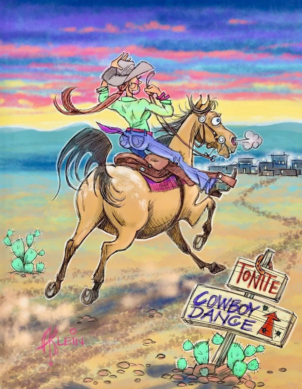 Cowgirl riding horse to Cowboy Dance