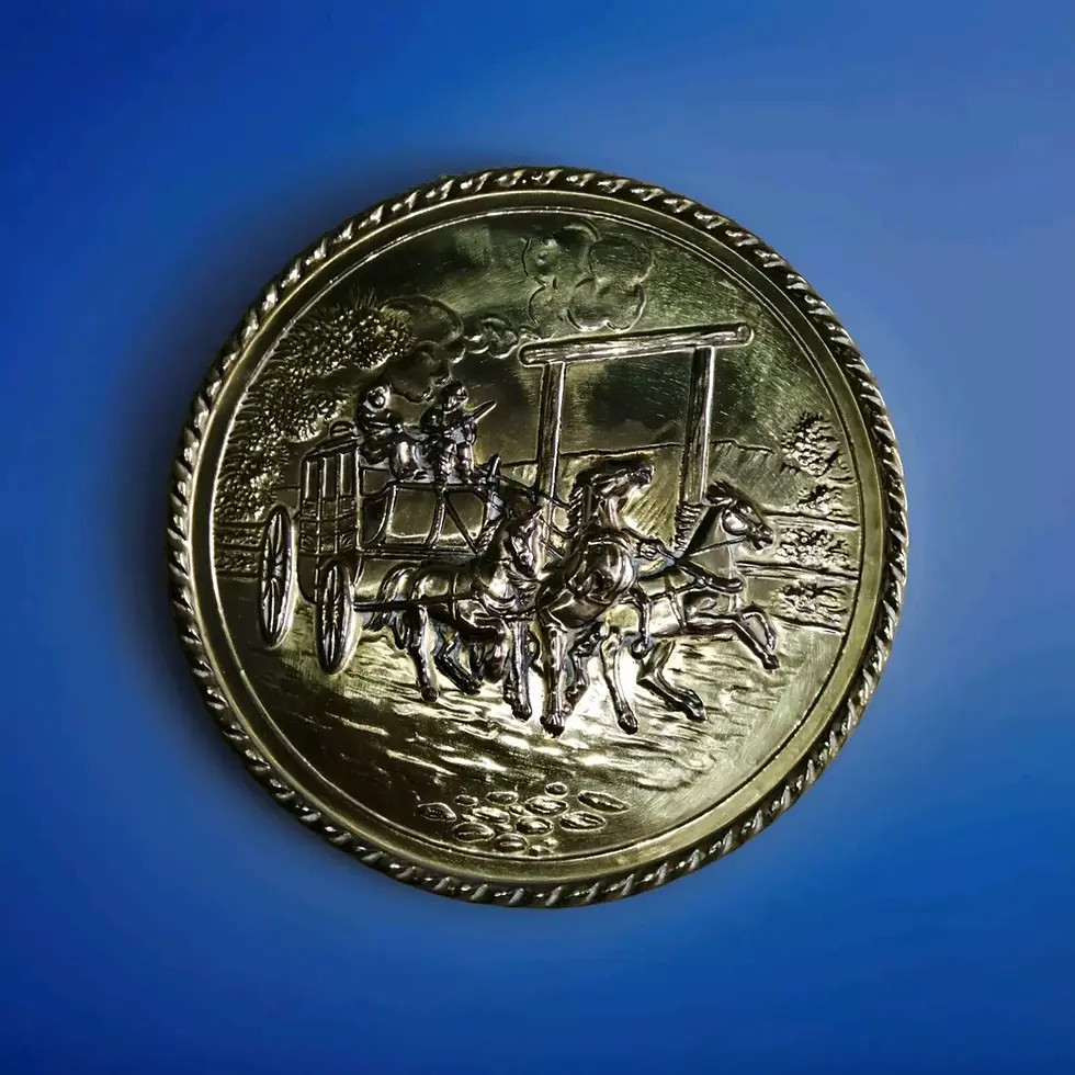Stylised top view of one of the x2 Round Brass Display Trays with Horses Detail