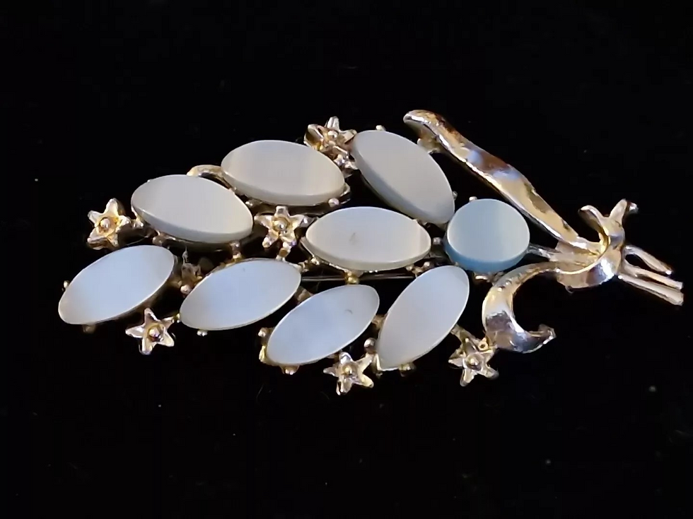 Front view of the White Metal Leaf Shaped Brooch with Pale Blue Stones and Bar Fastener