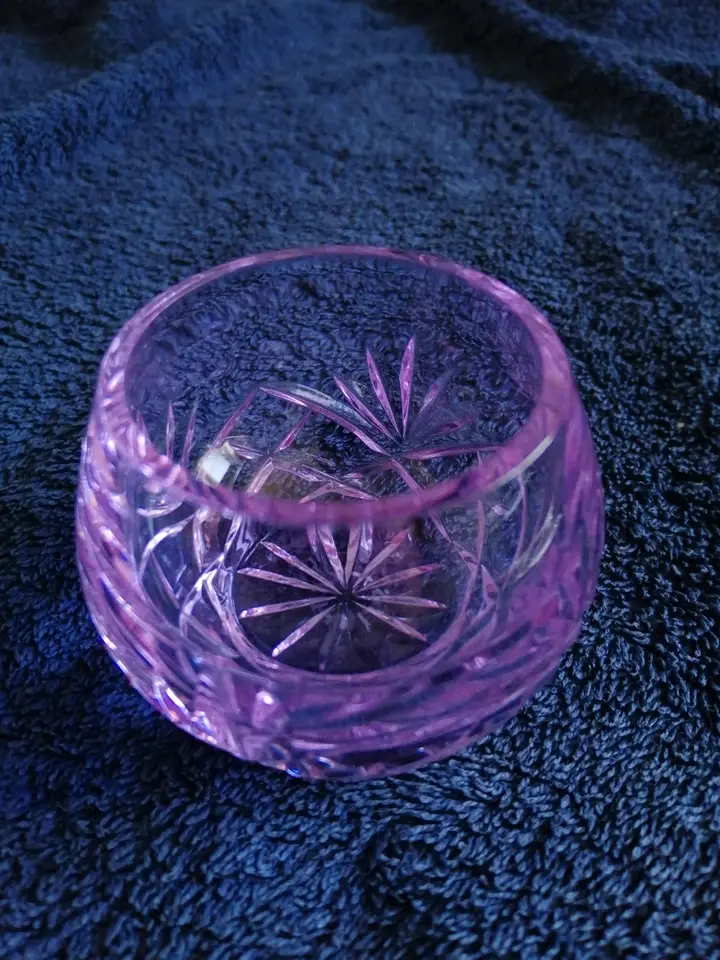 Angled top front view of the Violet Coloured Small Cut Glass Trinket Bowl