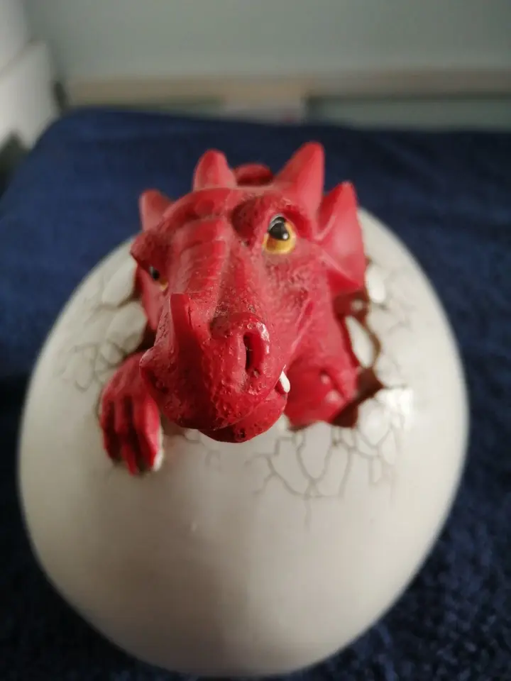 Close up front view of the Red Dragon Hatching From Egg Money Box