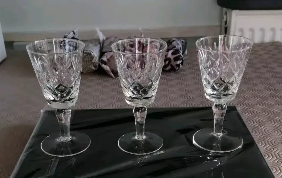 Rear view of the x3 Clear cut glass Sherry or Toasting Glasses