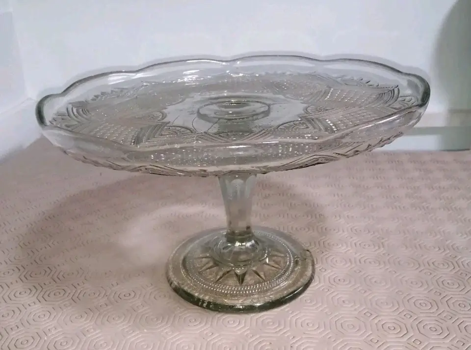 Angled front and top view of the Vintage Clear Cut Glass Round Cake Stand