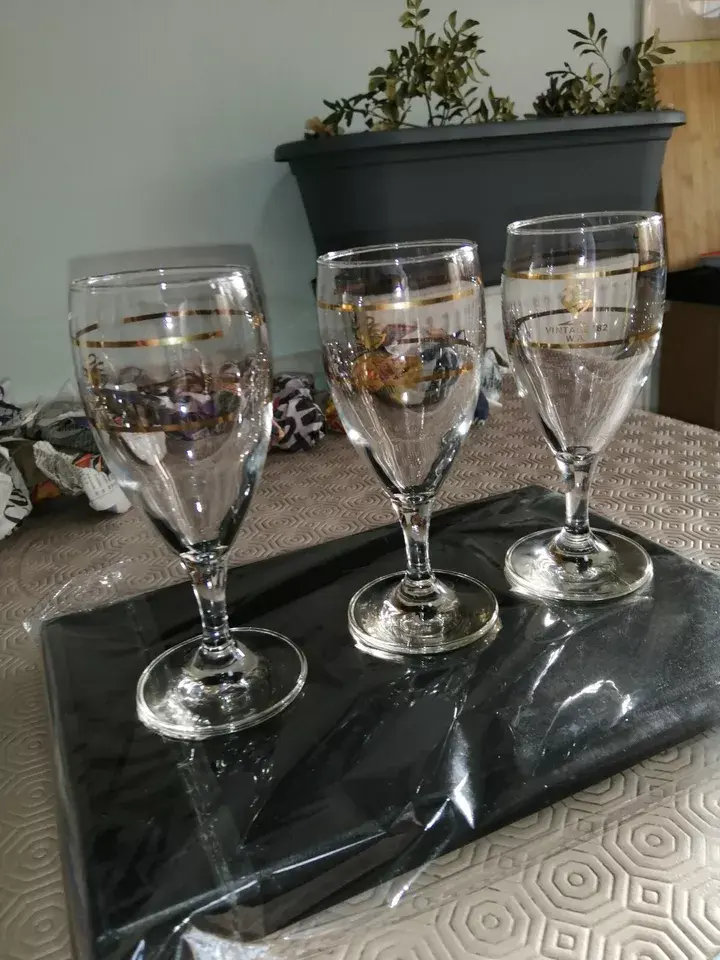 Angled front side view of the x3 Western Australia Cricket Team 1982 Small Wine Glasses