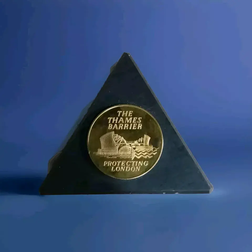 Stylised front view of the Good Condition Thames Barrier Bronze Plaque Mounted On Slate
