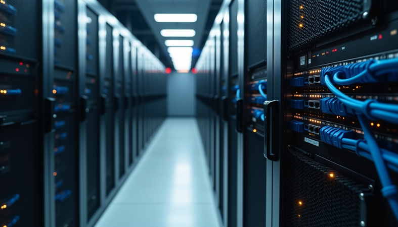 High angle view of data center racks with networking cables