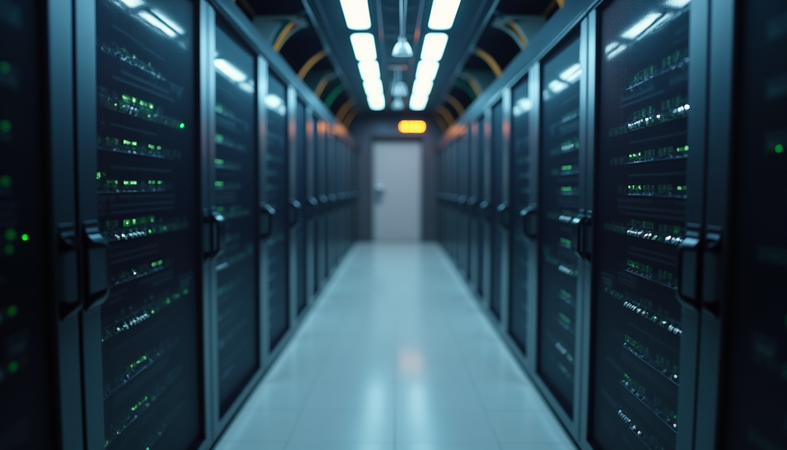 High angle view of a data center rack with networking cables