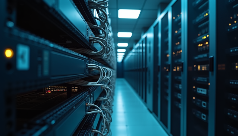 Eye-level view of a data center rack with networking cables