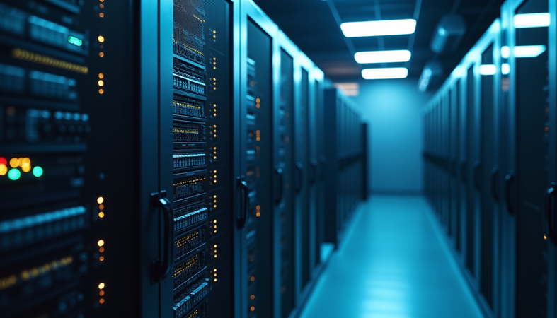 Eye-level view of a modern data center server rack with networking equipment