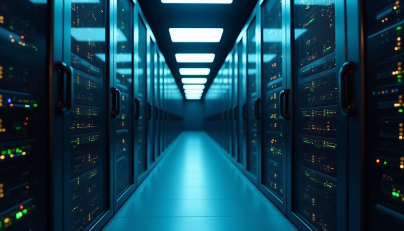 Eye-level view of a modern data center with networking racks