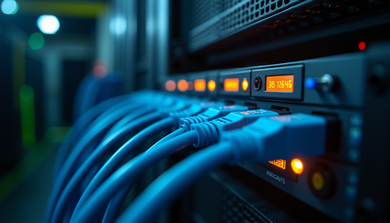 Eye-level view of a server rack with multiple QSFP cables connected
