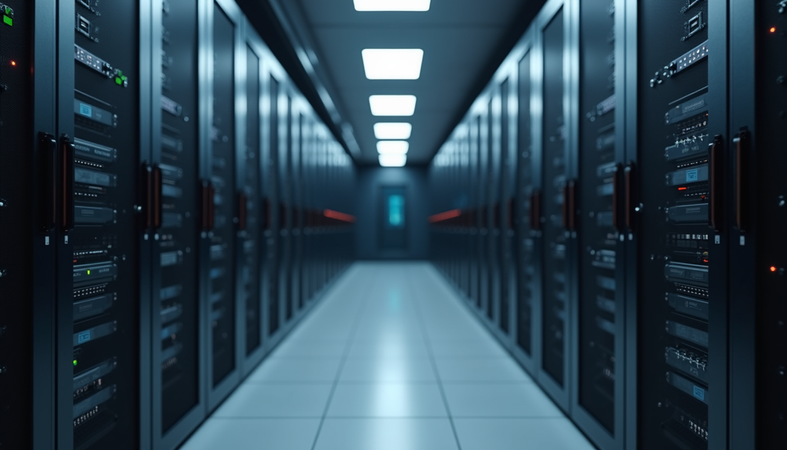 Eye-level view of a data center rack filled with networking equipment