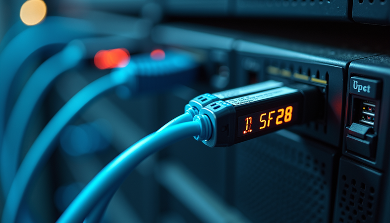 High angle view of data center rack with QSFP28 cables installed