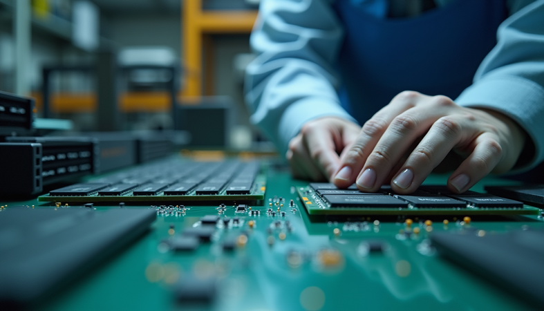 Eye-level view of a technician inspecting memory modules on a workbench
