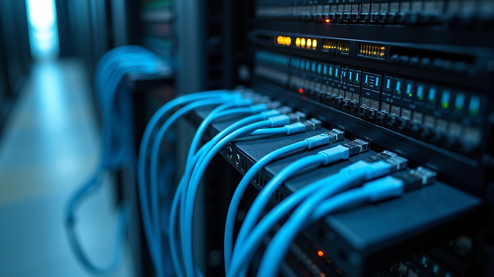 High angle view of a data center rack with neatly organized QSFP cables