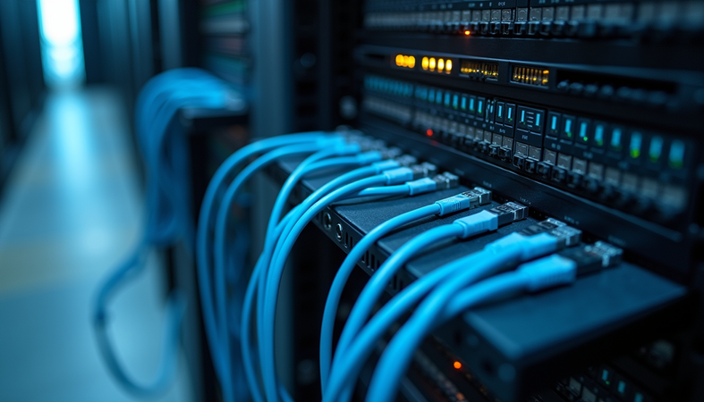 High angle view of a data center rack with neatly organized QSFP cables
