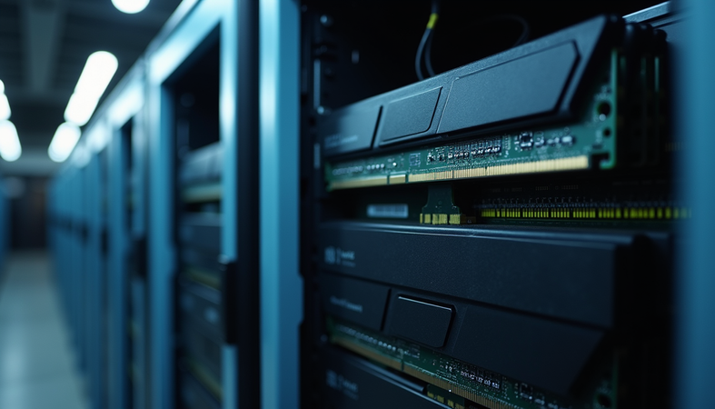 Eye-level view of a server rack with multiple memory modules installed