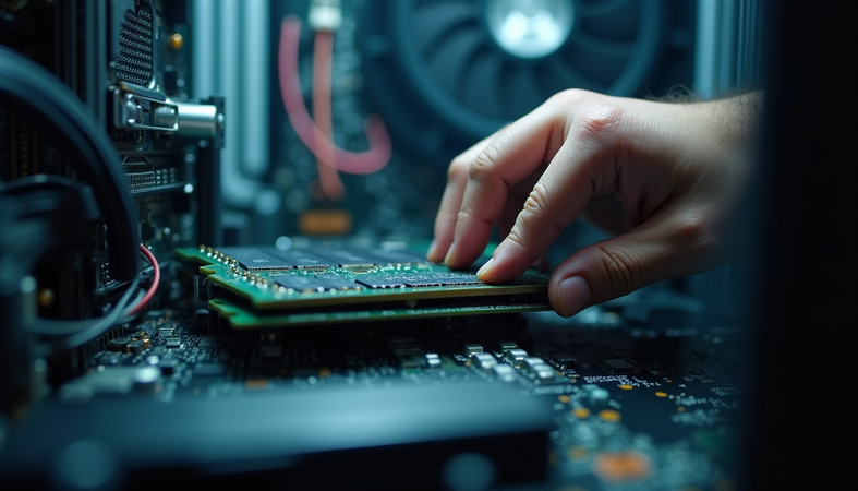 Eye-level view of a computer technician installing RAM in a desktop PC