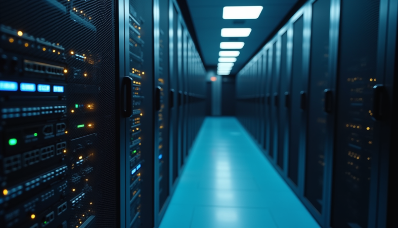 Eye-level view of a server rack with networking equipment in a data center
