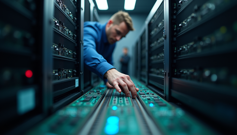 Eye-level view of a technician inspecting memory modules in a server
