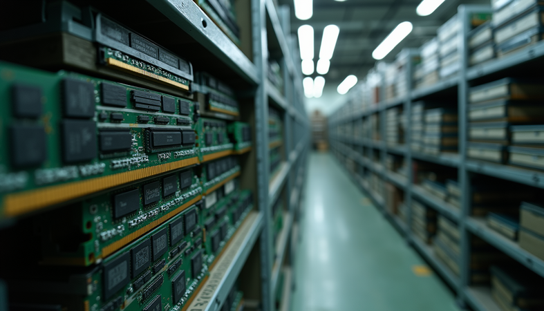 High angle view of stacked computer memory modules in a recycling center