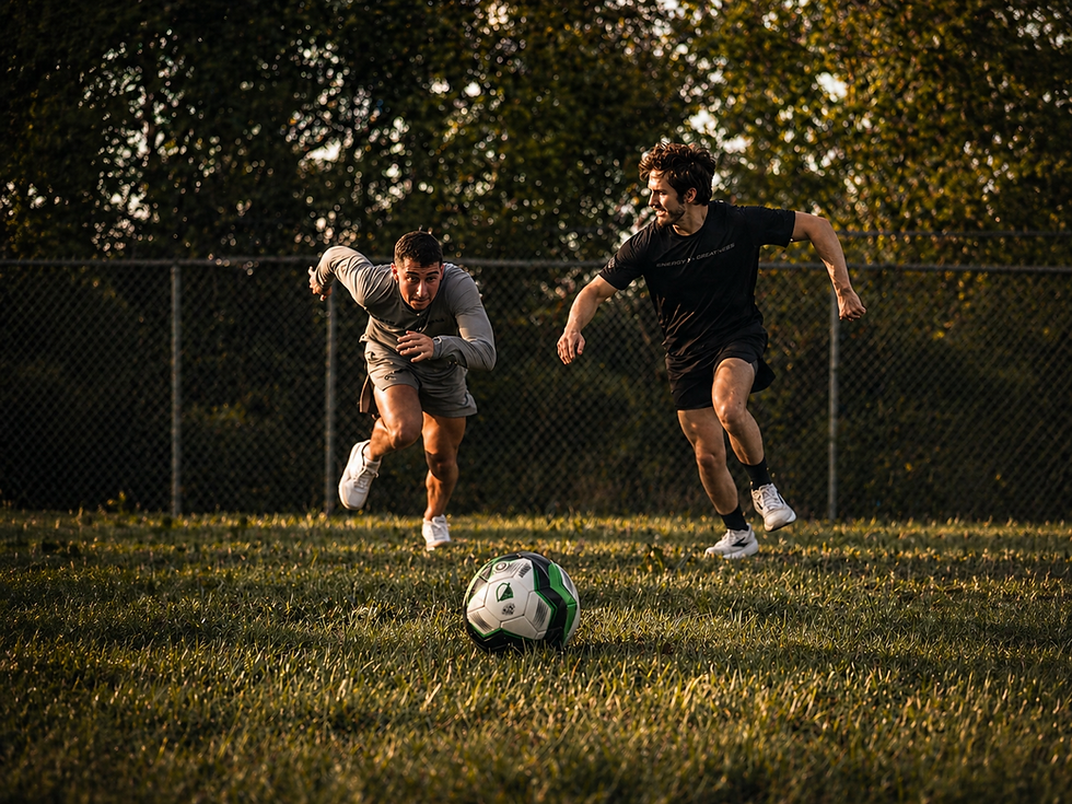Two men racing toward a soccer ball on a grass field