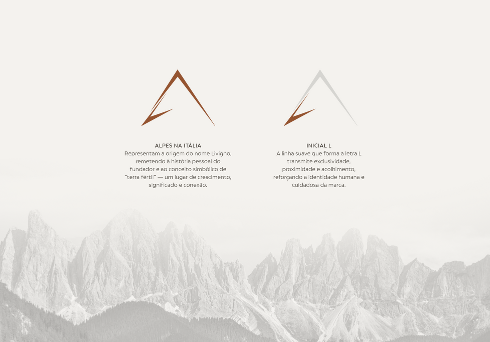Logotipos da Livigno aplicados em tons bronze sobre um fundo claro de montanhas enevoadas com textos descritivos.