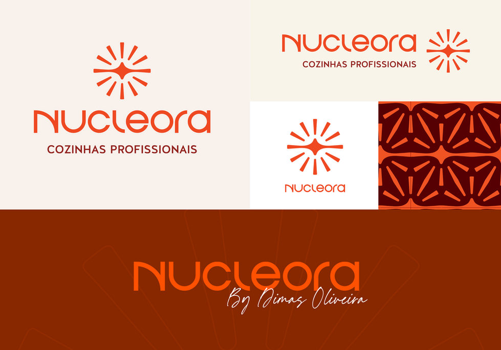 Painel com quatro versões do logo Nucleora, demonstrando variações de cores e layouts para a marca.