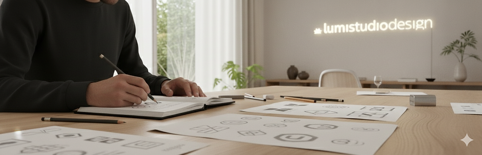 Close-up of a Lumi Studio designer's hands sketching logo concepts on paper with a pencil, showcasing the handcrafted creative process in a modern, well-lit studio.