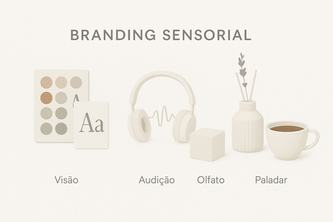 Imagem ilustrativa de branding sensorial com objetos que representam os sentidos: paleta de cores e tipografia para visão, fone de ouvido para audição, cubo tátil e difusor de aromas para olfato, e uma xÃcara de café para paladar. Estilo minimalista em tons neutros, com o tÃtulo "Branding Sensorial" no topo.
