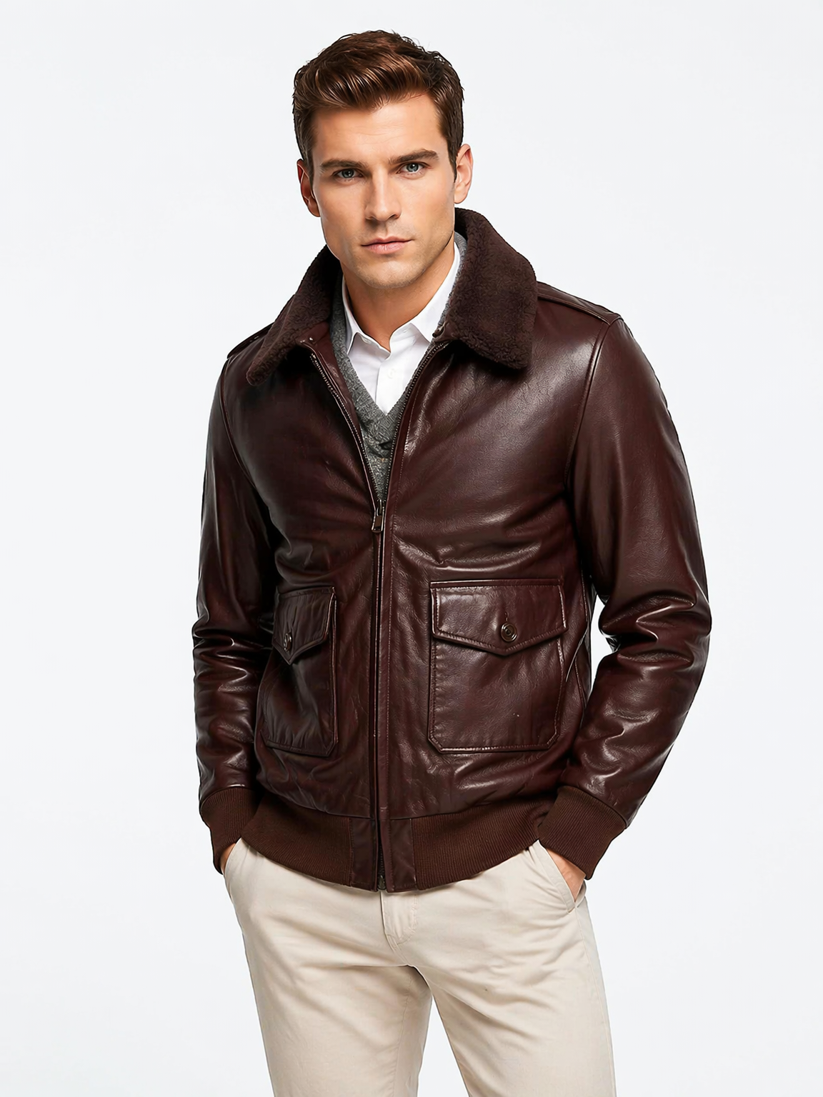 Brown Leather Bomber Jacket