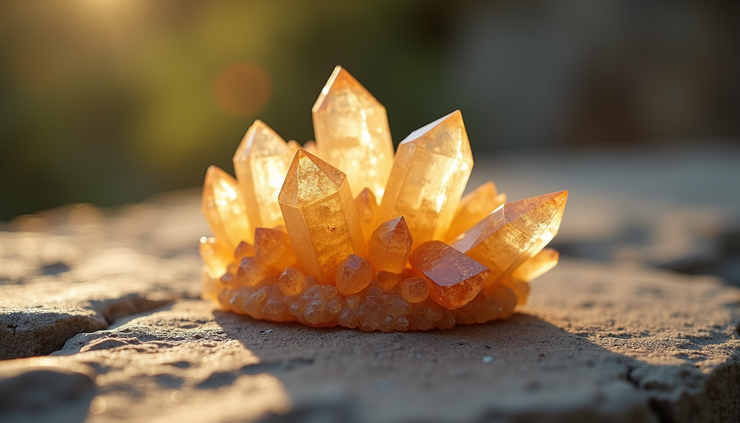 High angle view of a citrine cluster on a natural stone surface with soft lighting