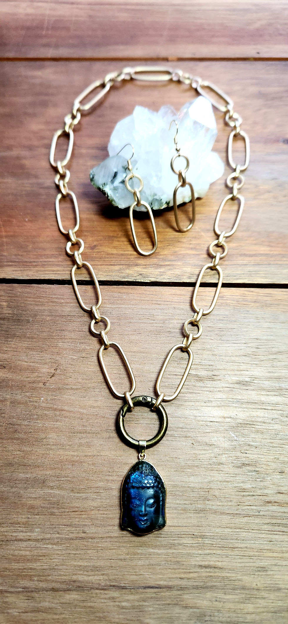 Thumbnail: Labradorite Buddha Matte Gold Multi Link Necklace Earring Set