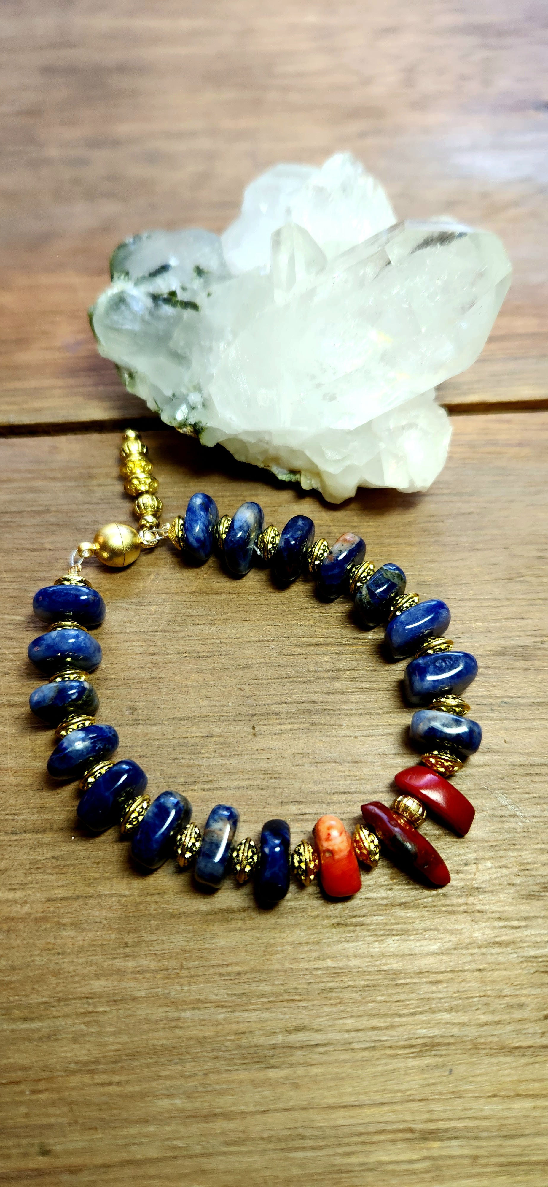 Sodalite Red Coral Gold Bracelet