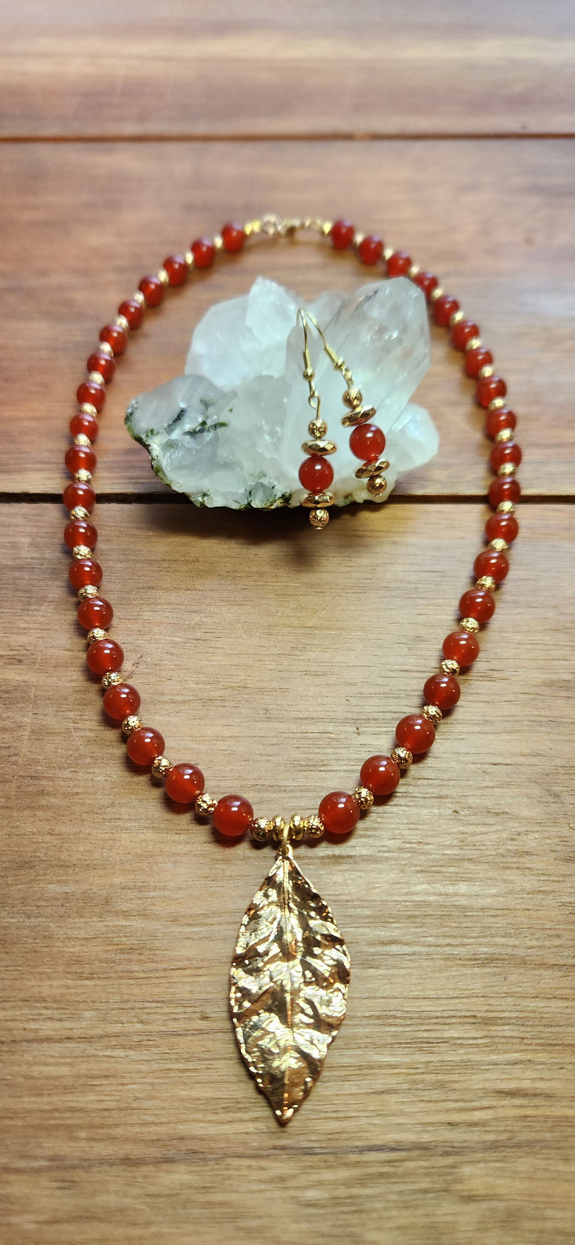 Carnelian Gold Dipped Lava and Leaf Necklace Earring Set
